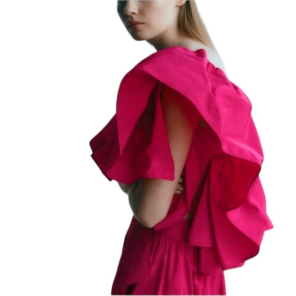 NWT Zara Fuschia Pink Voluminous Asymmetric One Shoulder Ruffled Crop Top - M - Picture 4 of 16